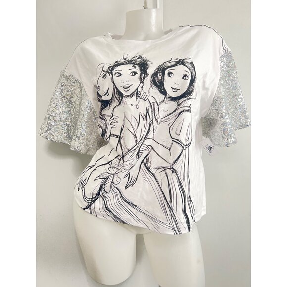Disney Princess Top Women Large Sequin sleeves Tiana Ariel Snow White Print - Picture 1 of 9